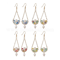 4 paire de perles naturelles bicolores et de larmes de verre avec des boucles d'oreilles pendantes de fleurs, bijoux en laiton doré pour femme, couleur mixte, 4mm, pin: 74 mm, 0.5 paire / couleur