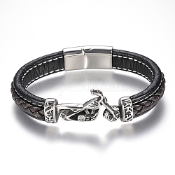 Bracelets de cordon en cuir tressé pour hommes, avec accessoires en 304 acier inoxydable et les fermoirs magnétiques, moto, noir, 8-5/8 pouce (220 mm)