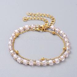 Ensembles de bracelets en perles et bracelets en chaîne, bracelets empilables, avec des chaînes câblées en laiton et des perles de verre à facettes, 304 fermoir mousqueton inox / laiton, rose, 6-7/8 pouce (17.5 cm), 7-5/8 pouce (19.5 cm), 2 pièces / kit