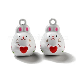 Латунные подвески-колокольчики, печатный, кролик с сердечком, белые, 22.5x15x17 мм, отверстие : 2.5 мм