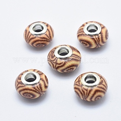 Handgemachte  europäischen Fimo-Perlen, mit versilberten Messingkernen, Großloch perlen, Rondell, Sienaerde, 13~16x8~11 mm, Bohrung: 4.5~5 mm