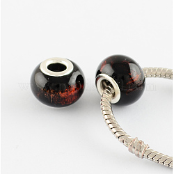 Spray Painted Glass European Beads, with Silver Brass Core, Large Hole Beads, Rondelle, Coconut Brown, 14~15x11mm, Hole: 4.5~5mm