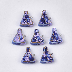 Pendentifs en porcelaine fait à la main, porcelaine émaillée lumineux, avec les accessoires en laiton, triangle, platine, bleu, 23x19x7mm, Trou: 1.5mm