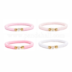 Set di braccialetti elastici da surfista heishi in argilla polimerica fatti a mano a 4 colori, braccialetto preppy da donna con perline a cuore in lega, perla rosa, diametro interno: 4 pollice (2-1/8 cm), 5.5pc / color