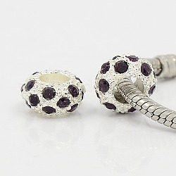 Alloy Rhinestone European Beads, Large Hole Beads, Rondelle, Silver Color Plated, Amethyst, 11x6mm, Hole: 5mm