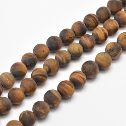 Frosted Natural Tiger Eye Round Bead Strands, 12mm, Hole: 1mm, about 32pcs/strand, 15.5 inch