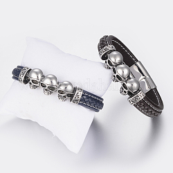 Bracelets de cordon en cuir tressé pour hommes, avec accessoires en 304 acier inoxydable et les fermoirs magnétiques, crane, couleur mixte, 8-5/8 pouce (220 mm)