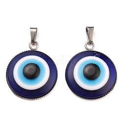 Handmade Evil Eye Lampwork Pendants, with 304 Stainless Steel Serrated Edge Bezel Cups, Half Round, Stainless Steel Color, 31x26x7mm, Hole: 7x3mm