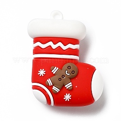 Рождественские пластиковые подвески из пвх, новогодний носок с пряничным человечком, красные, 44.5x36x18 мм, отверстие : 3 мм