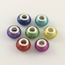 Large Hole Acrylic European Beads, with Silver Tone Brass Double Cores, Faceted Rondelle, Mixed Color, 14x9mm, Hole: 5mm