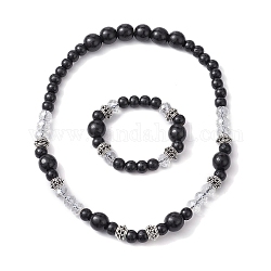 Colliers de perles en bois naturel et en verre et bracelet extensible, ensemble de bijoux, noir, colliers : 21 pouce (53.2 cm), bracelets : diamètre intérieur : 2 pouce (5 cm)