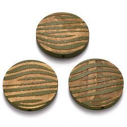Cuentas de madera natural pintada, patrón grabado con láser, redondo plano con rayas de cebra, oliva, 30x5mm, agujero: 1.6 mm