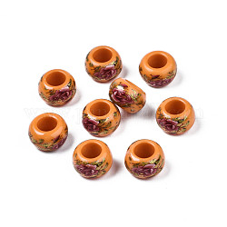 Cuentas redondas de acrílico opaco con estampado de flores, Abalorios de grande agujero, naranja oscuro, 15x9mm, agujero: 7 mm