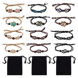 Fashewelry 6Pcs Adjustable Braided Waxed Polyester Cord Macrame Pouch Bracelet Making, Interchangeable Stone, with Wood Beads, with 6Pcs Rectangle Velvet Pouches, Mixed Color, Inner Diameter: 2-3/8~3 inch(6~7.5cm)