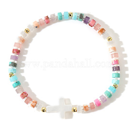Braccialetti elastici con croce di conchiglia dolce, gioielli da donna con pietre miste e perline di semi, colore misto