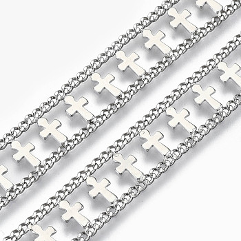 Brass Double Row Curb Chains, Long-Lasting Plated, Ankh Cross, Unwelded, Platinum, 10x1mm