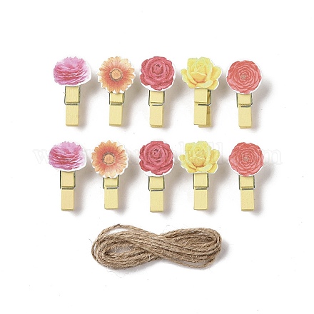 Flower Theme Wooden & Iron Clothes Pins AJEW-H137-07-1