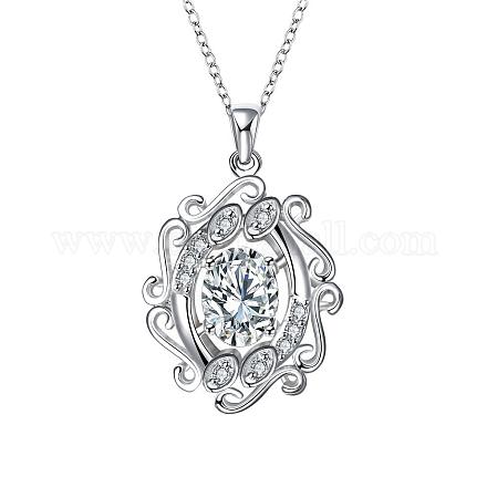 Silver Plated Brass Cubic Zirconia Filigree Oval Pendant Necklaces NJEW-BB03015-D-1