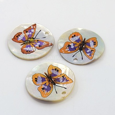 ジュエリーには印刷されたシェルペンダント  蝶の模様とフラットラウンド  ダークオレンジ  35x2mm  穴：2mm SSHEL-J015-03-1