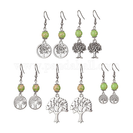 Boucles d'oreilles pendantes en alliage avec arbre de vie et perles de jaspe impérial synthétiques EJEW-JE05405-1