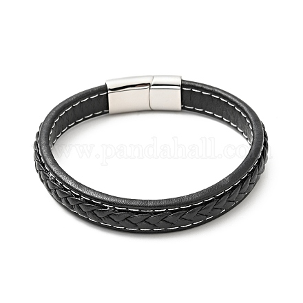 Bracelet cordon plat tressé en cuir de vachette avec 304 fermoirs aimantés en acier inoxydable BJEW-H552-01P-01-1