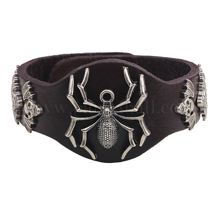 Punk Rock Spider & Skull with Wing Alloy Cowhide Cord Studded Bracelets BJEW-P0001-25B-1