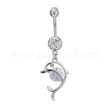 Piercing bijoux véritable platine plaqué laiton strass dauphin nombril anneau ventre anneaux AJEW-EE0001-63-1