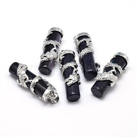 Column with Dragon Platinum Plated Brass Synthetic Blue Goldstone Pendants G-F228-23I-RS-1