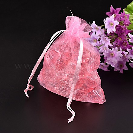 オーガンジーギフトバッグ巾着袋  巾着付き  長方形  ピンク  12x10cm OP103-1