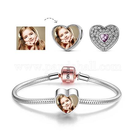 TINYSAND Sterling Silver Personalized Dual Hearts Cubic Zirconia Charm European Bracelet TS-Set-049-22-1