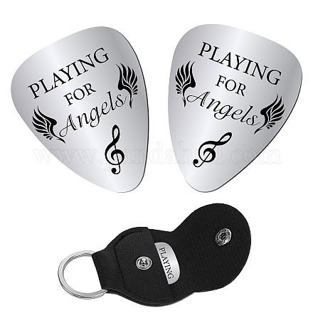 CREATCABIN 2pcs Memorial Guitar Pick Playing for Angels Stainless Steel Bass Acoustic Electric Rock Picks Remembrance Gift in Memory of Musician Loss with PU Leather Keychain 1.26 x 1 Inch AJEW-CN0001-48H-1