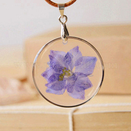 Natural Dried Swallows Flower Flat Round Epoxy Alloy Pendant Necklaces NJEW-N0049-19-1