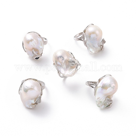 Anello a polsino aperto pepita di perla naturale con foglia di zirconi cubici RJEW-P033-02P-02A-1