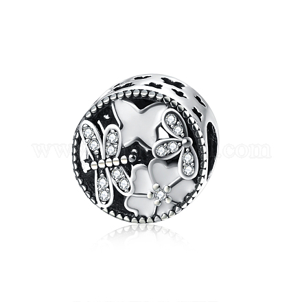 Flat Round with Dragonfly 925 Sterling Silver Cubic Zirconia and Enamel European Beads STER-BB15839-1