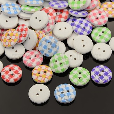 2-Hole Flat Round Tartan Pattern Printed Wooden Sewing Buttons X-BUTT-M006-M-1