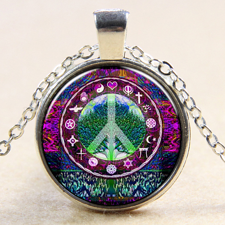 Peace Sign and Tree Of Life Pattern Flat Round Glass Pendant Necklaces NJEW-N0051-049E-02-1