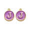 Golden Plated Alloy Enamel Charms, Enamelled Sequins, Flat Round with Alphabet, Letter.J, Purple, 14x12x2mm, Hole: 1.5mm