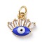 Cubic Zirconia Charms, with Brass Findings and Enamel, Eye, Golden, Blue, 8.5x9.5x3~3.5mm, Hole: 2.5mm