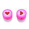 Handmade Polymer Clay Beads, Flat Round with Heart, Hot Pink, 9.5~10x4.5~5mm, Hole: 1.6mm