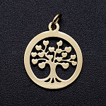 304 Stainless Steel Pendants, with Unsoldered Jump Rings, Flat Round with Tree of Life, Golden, 17x15x1mm, Jump Ring: 5x1mm, 3mm inner diameter