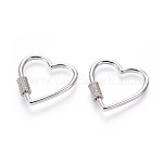 Brass Micro Pave Cubic Zirconia Screw Carabiner Lock Charms, for Necklaces Making, Heart, Platinum, Clear, 31x31x3mm