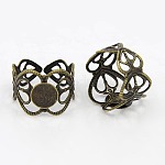 Adjustable Brass Ring Shanks, Filigree Ring Base Findings, Round, Antique Bronze, Tray: 8mm, 17mm