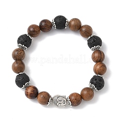 Bracelets extensibles en perles rondes en bois naturel et pierre de lave&nbsp;BJEW-JB12353-03
