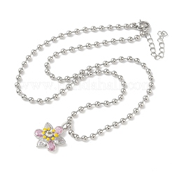 Collane con catena a sfere con pendente a forma di fiore in smalto e zirconi cubici rosa e trasparenti in ottone&nbsp;NJEW-G183-04P