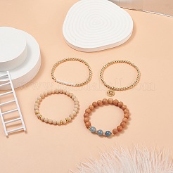 4 Uds. 4 pulseras elásticas de madera natural y cuarzo (teñidas) y perlas de concha&nbsp;BJEW-JB08822