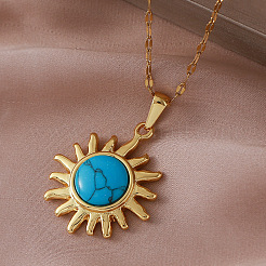 Collier pendentif soleil vintage en acier inoxydable 304 avec pierre turquoise synthétique teintée pour femme&nbsp;TN1181