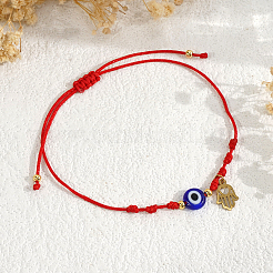 Bracelets faits main ajustables en verre bleu œil protecteur avec perles tressées et pendentif main de Hamsa en acier inoxydable&nbsp;KO5639-1