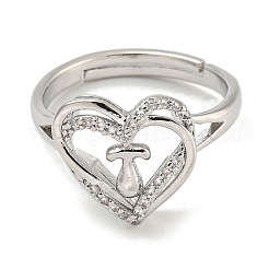 Anelli regolabili da donna a cuore con portalettere placcati in ottone con micro pavè di zirconi trasparenti&nbsp;RJEW-I105-01P-T
