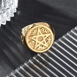 Rund mit Stern 304 Edelstahl Siegelringe für Unisex&nbsp;RJEW-Z076-07G-01