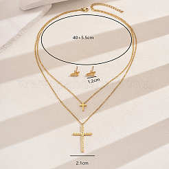 201 Edelstahl-Set mit doppellagiger Halskette und Ohrsteckern mit Kreuzanhänger und Strassen für Damen&nbsp;LY3624
